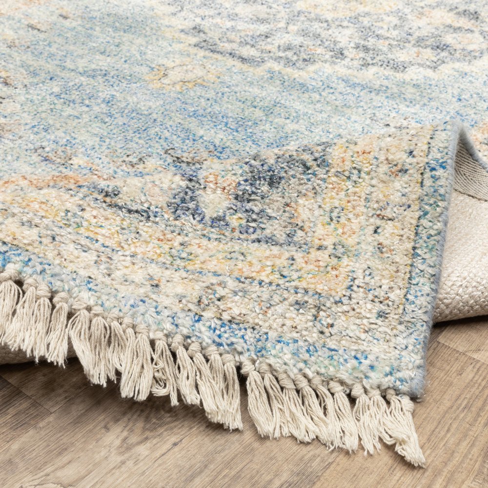 10' X 13' Blue And Beige Oriental Hand Loomed Stain Resistant Area Rug With Fringe