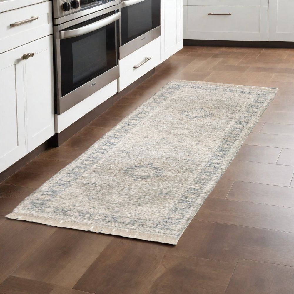 10' X 13' Grey And Beige Oriental Hand Loomed Stain Resistant Area Rug With Fringe