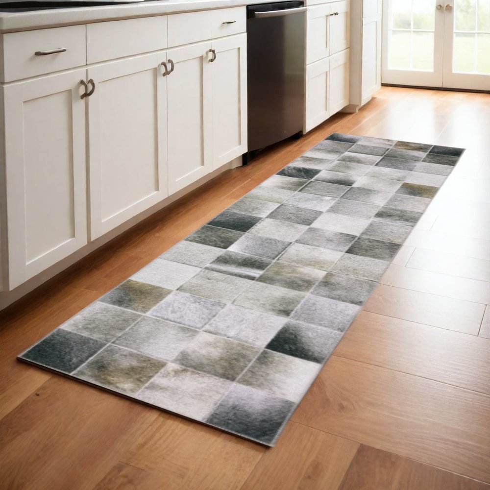 8' Gray And Charcoal Geometric Runner Rug