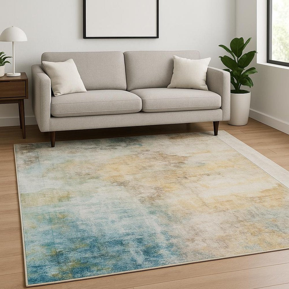 5' X 7' Blue And Yellow Abstract Power Loom Stain Resistant Area Rug