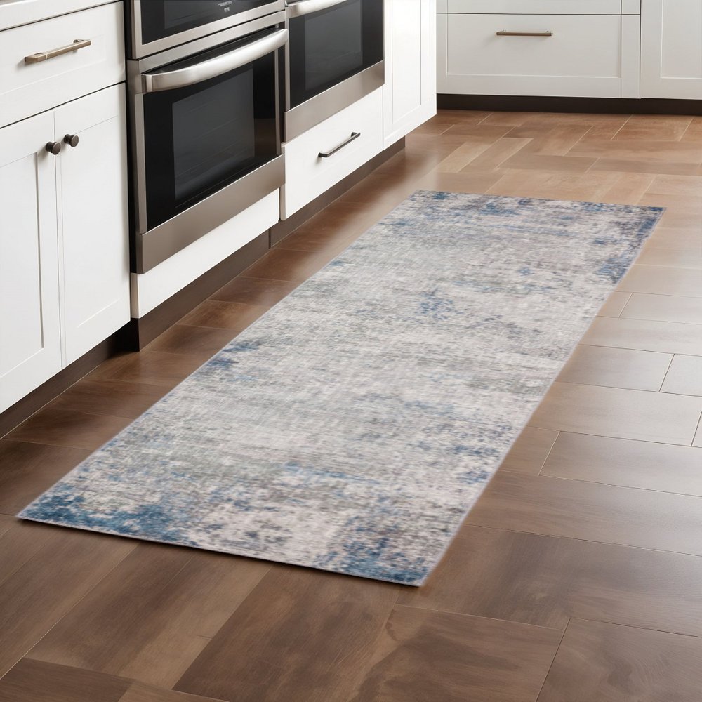8' Blue and Gray Abstract Power Loom Runner Rug