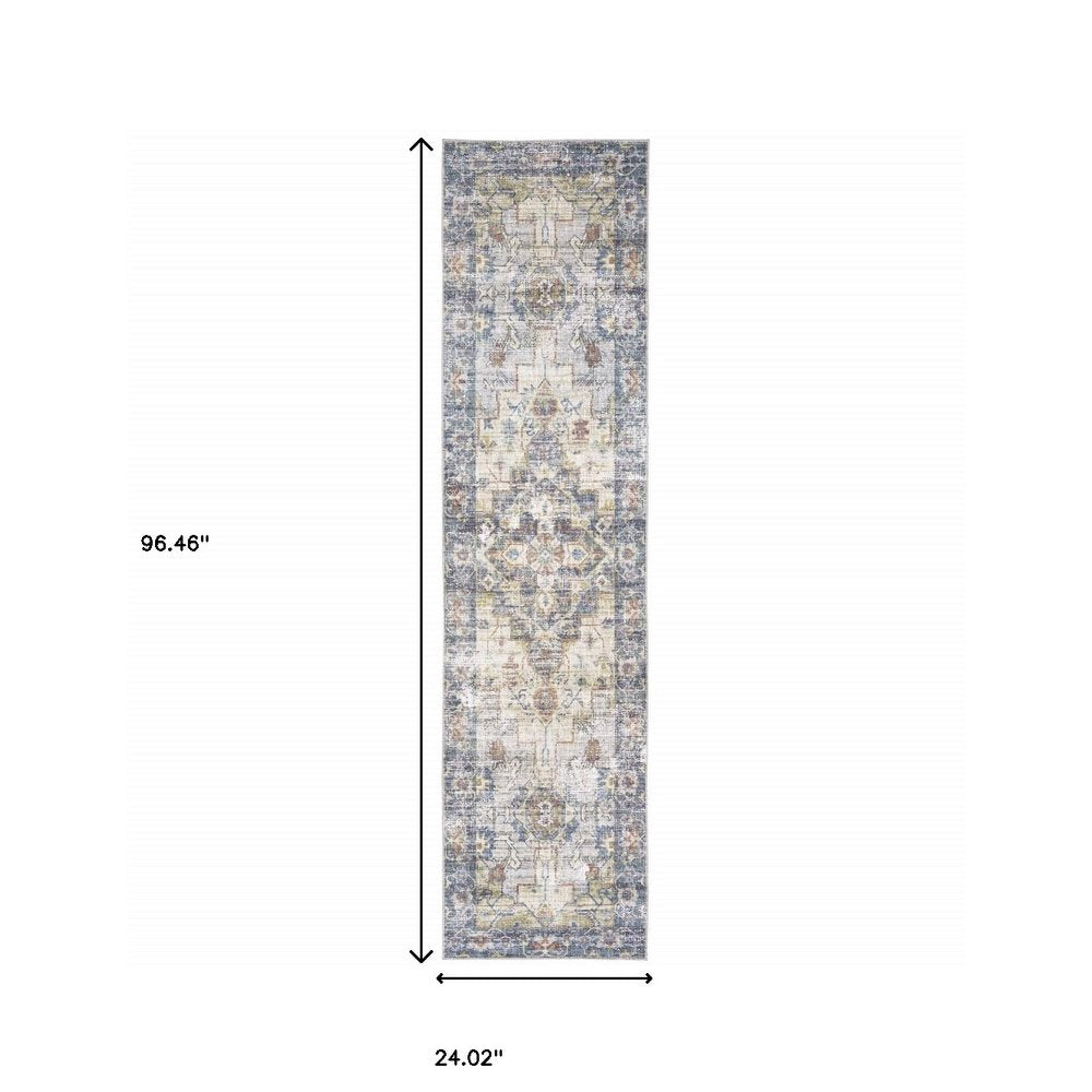 5' X 7' Blue Gold Grey Orange Yellow And Purple Oriental Power Loom Stain Resistant Area Rug