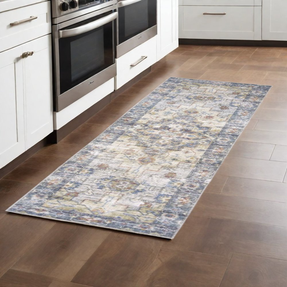 5' X 7' Blue Gold Grey Orange Yellow And Purple Oriental Power Loom Stain Resistant Area Rug