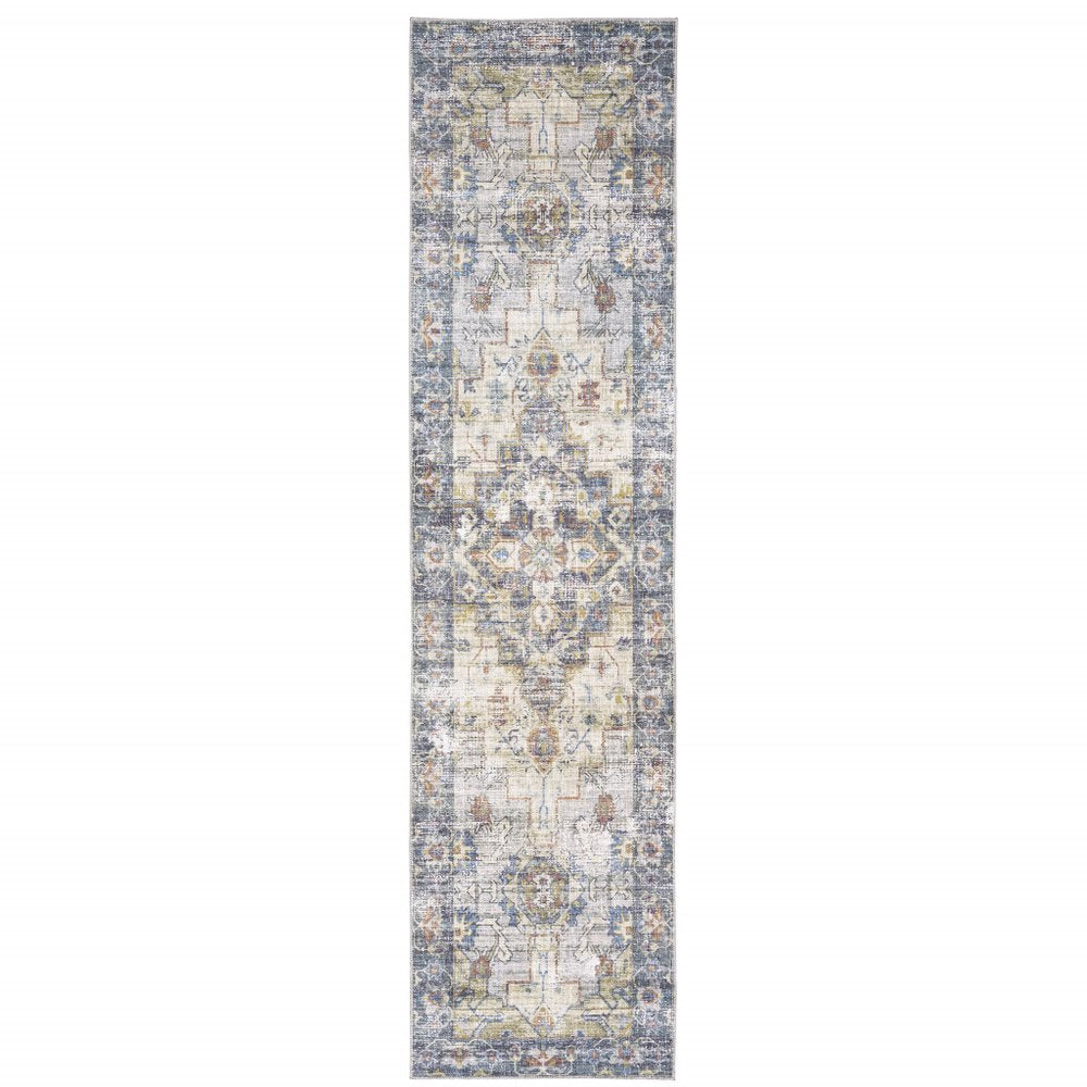 5' X 7' Blue Gold Grey Orange Yellow And Purple Oriental Power Loom Stain Resistant Area Rug