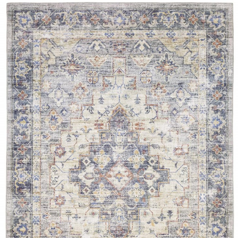 5' X 7' Blue Gold Grey Orange Yellow And Purple Oriental Power Loom Stain Resistant Area Rug