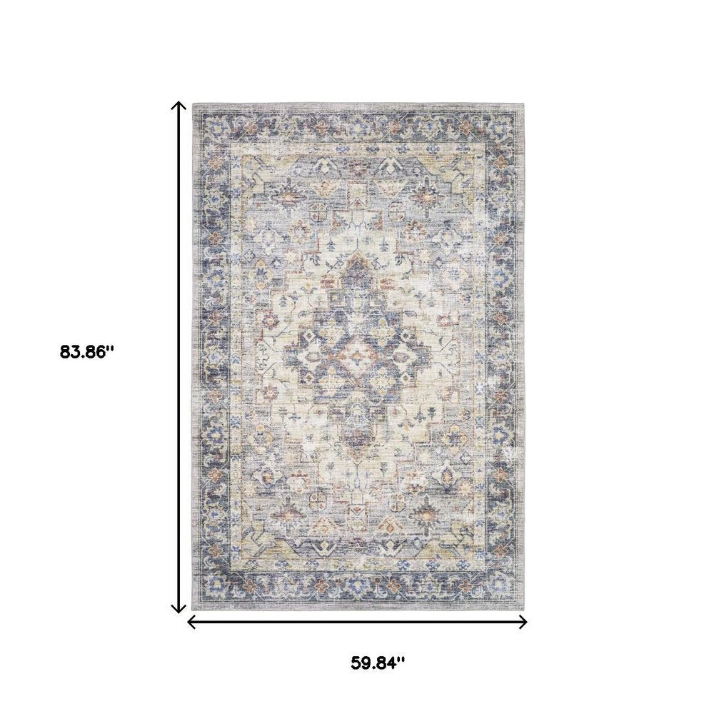 5' X 7' Blue Gold Grey Orange Yellow And Purple Oriental Power Loom Stain Resistant Area Rug