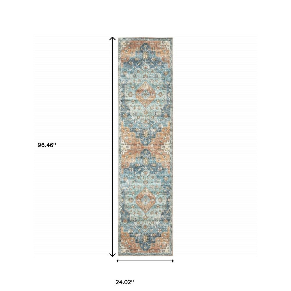 8' X 10' Rust And Blue Oriental Distressed Area Rug