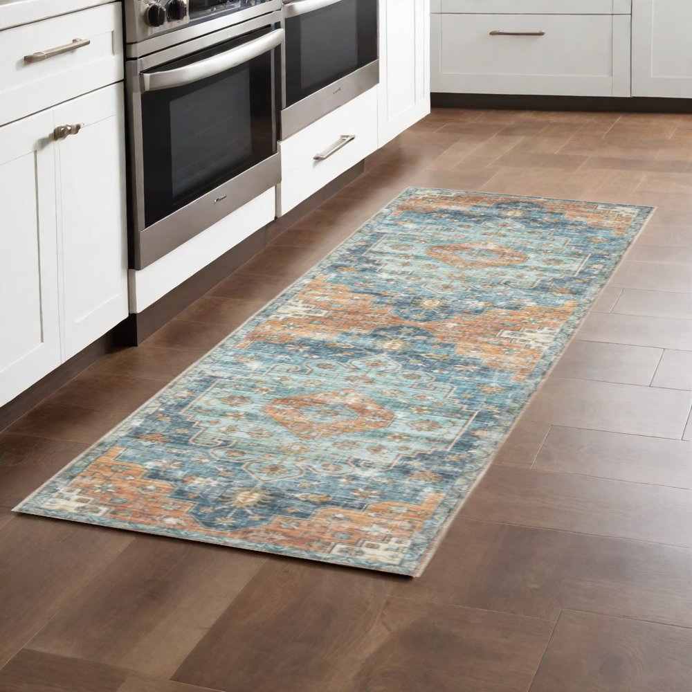 8' X 10' Rust And Blue Oriental Distressed Area Rug