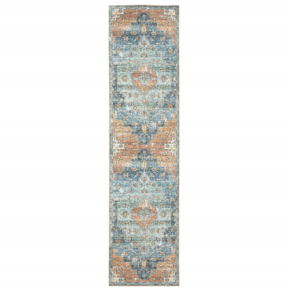 8' X 10' Rust And Blue Oriental Distressed Area Rug