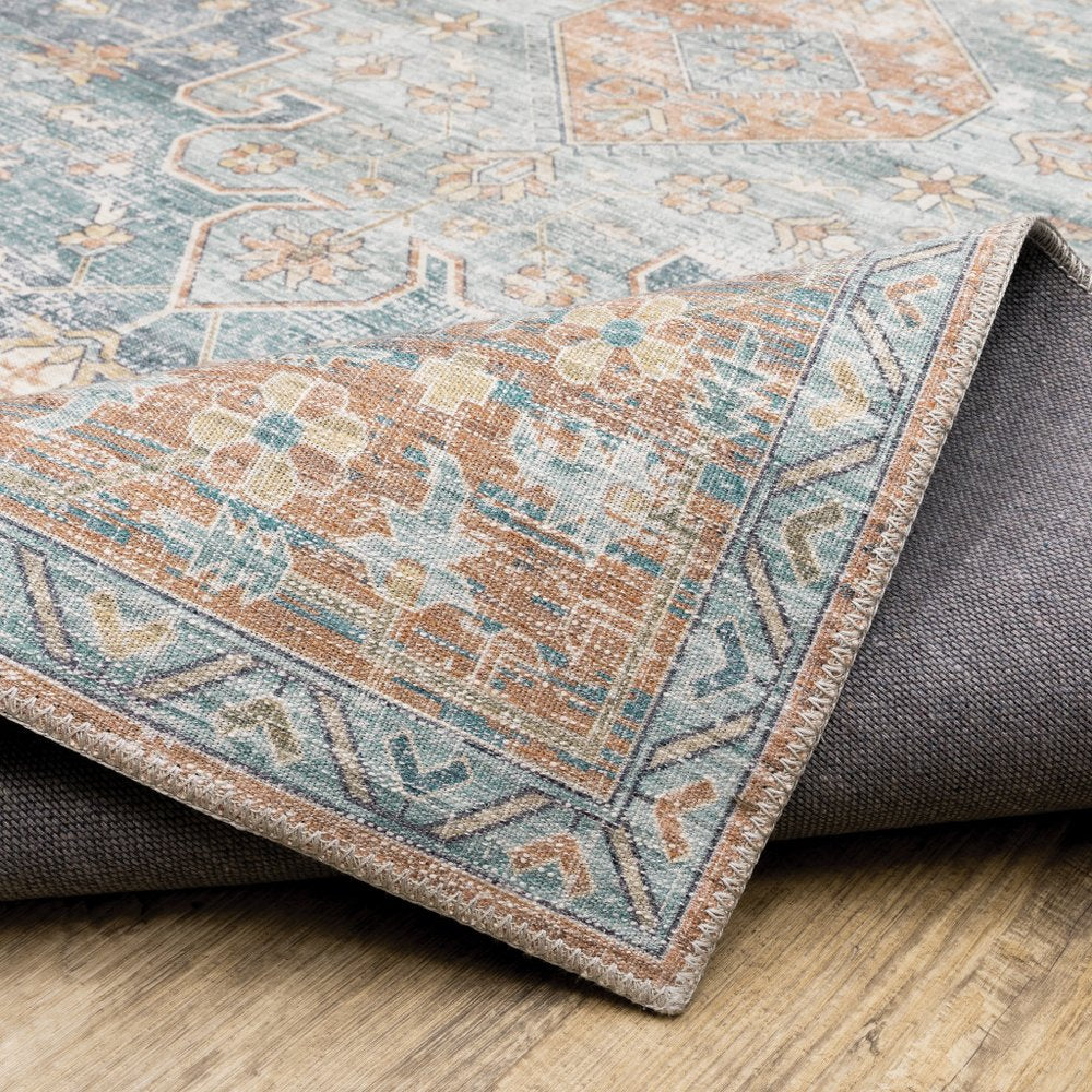 8' X 10' Rust And Blue Oriental Distressed Area Rug