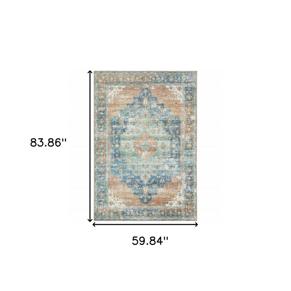 8' X 10' Rust And Blue Oriental Distressed Area Rug