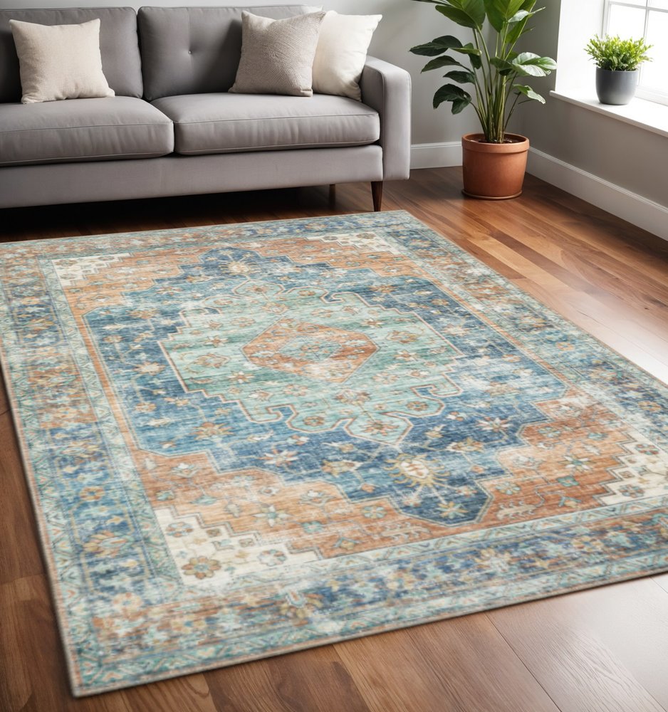 8' X 10' Rust And Blue Oriental Distressed Area Rug