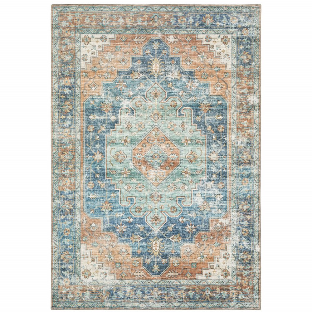 8' X 10' Rust And Blue Oriental Distressed Area Rug