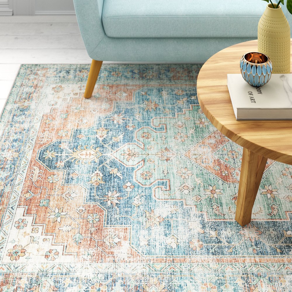 8' X 10' Rust And Blue Oriental Distressed Area Rug