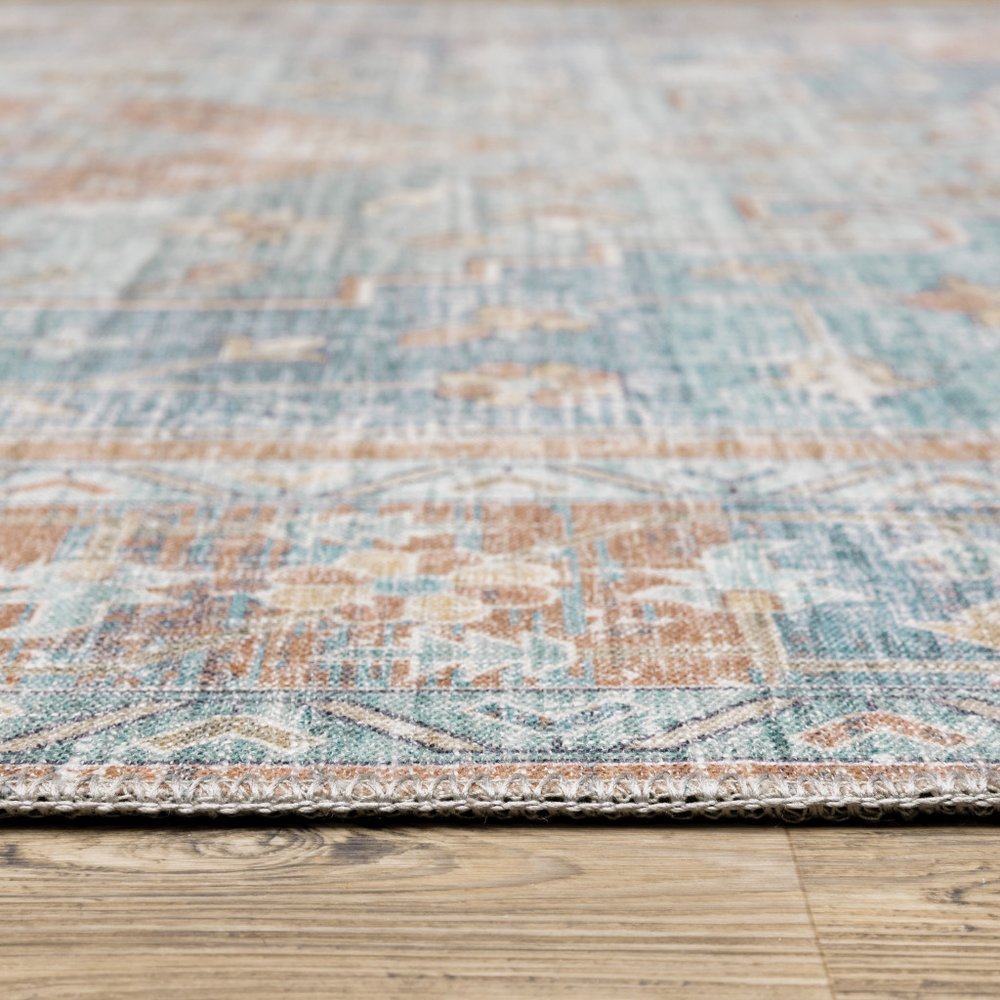8' X 10' Rust And Blue Oriental Distressed Area Rug