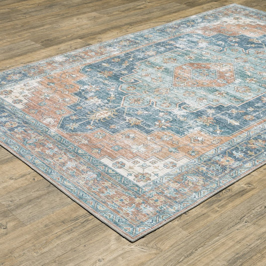 8' X 10' Rust And Blue Oriental Distressed Area Rug