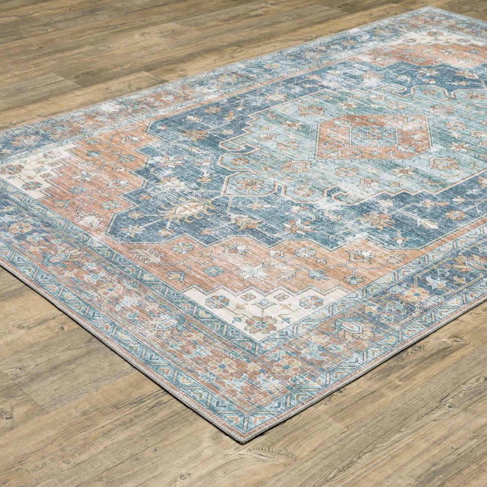 8' X 10' Rust And Blue Oriental Distressed Area Rug