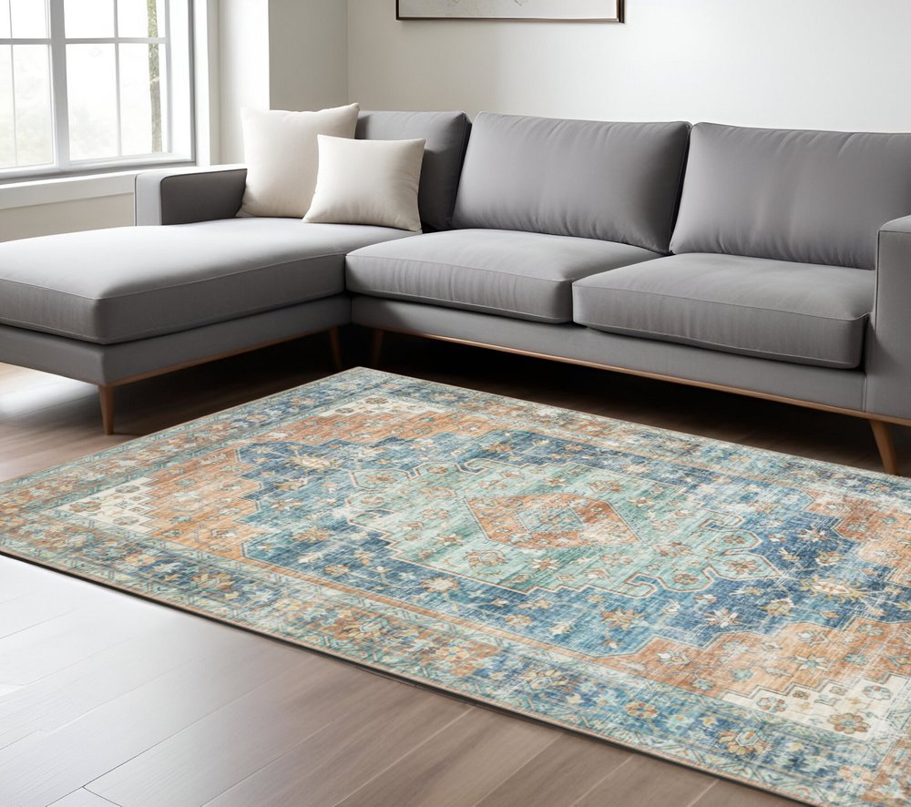 8' X 10' Rust And Blue Oriental Distressed Area Rug