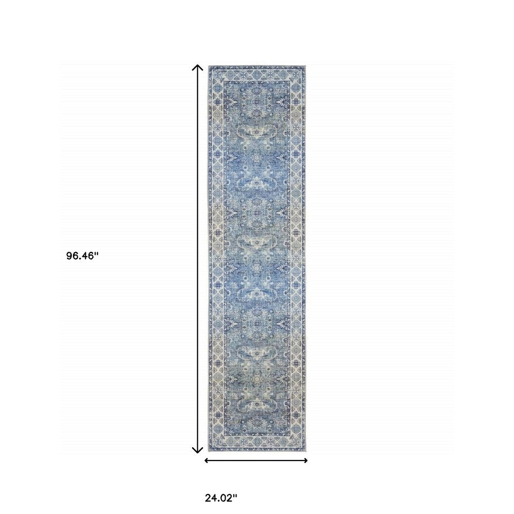 8' Blue and Gray Oriental Power Loom Runner Rug