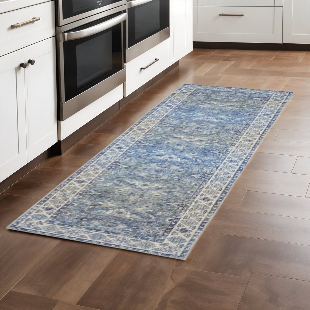 8' Blue and Gray Oriental Power Loom Runner Rug