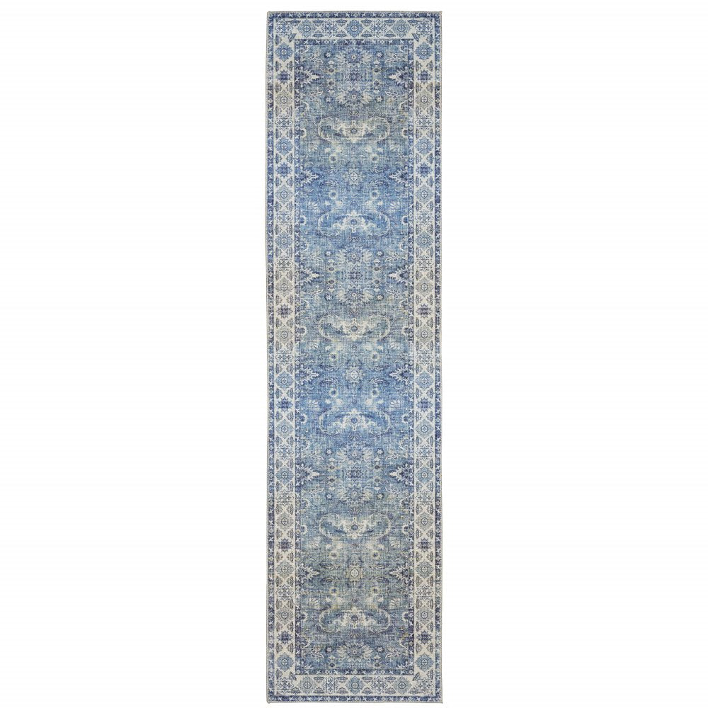 8' Blue and Gray Oriental Power Loom Runner Rug
