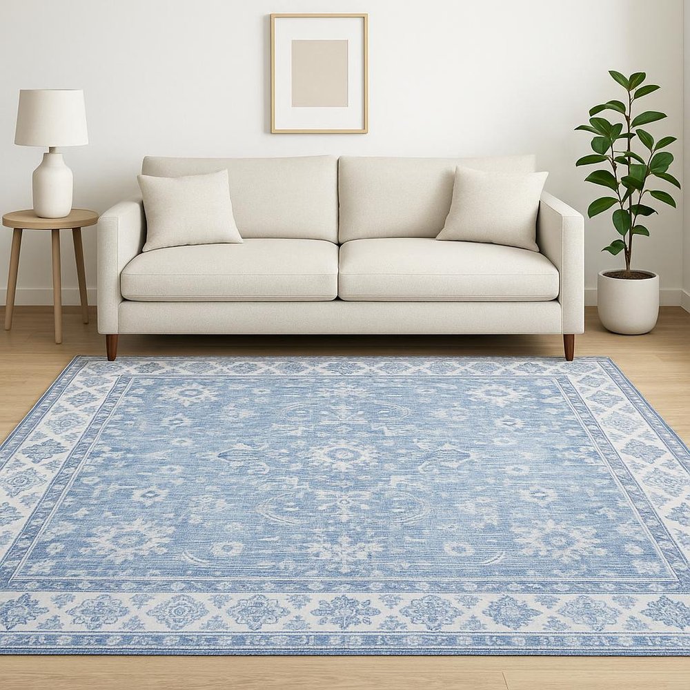 8' Blue and Gray Oriental Power Loom Runner Rug