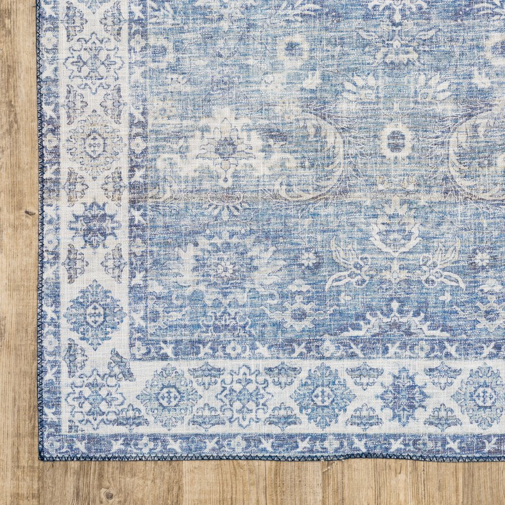 8' Blue and Gray Oriental Power Loom Runner Rug