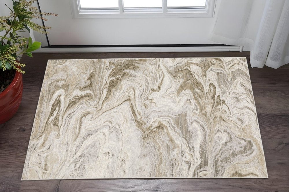 2' X 8' Ivory Tan Beige Grey And Brown Abstract Power Loom Stain Resistant Runner Rug