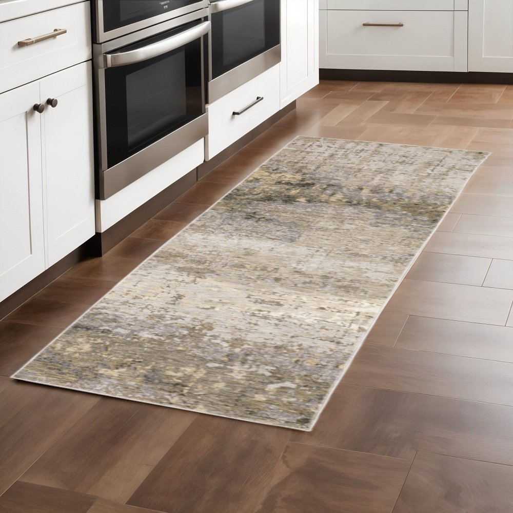 2' X 8' Beige Grey Ivory Tan And Brown Abstract Power Loom Stain Resistant Runner Rug