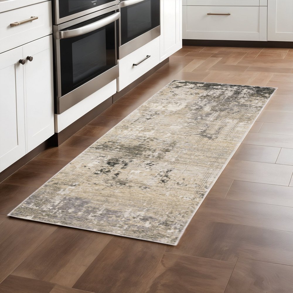 2' X 8' Beige Grey Ivory Tan And Brown Abstract Power Loom Stain Resistant Runner Rug
