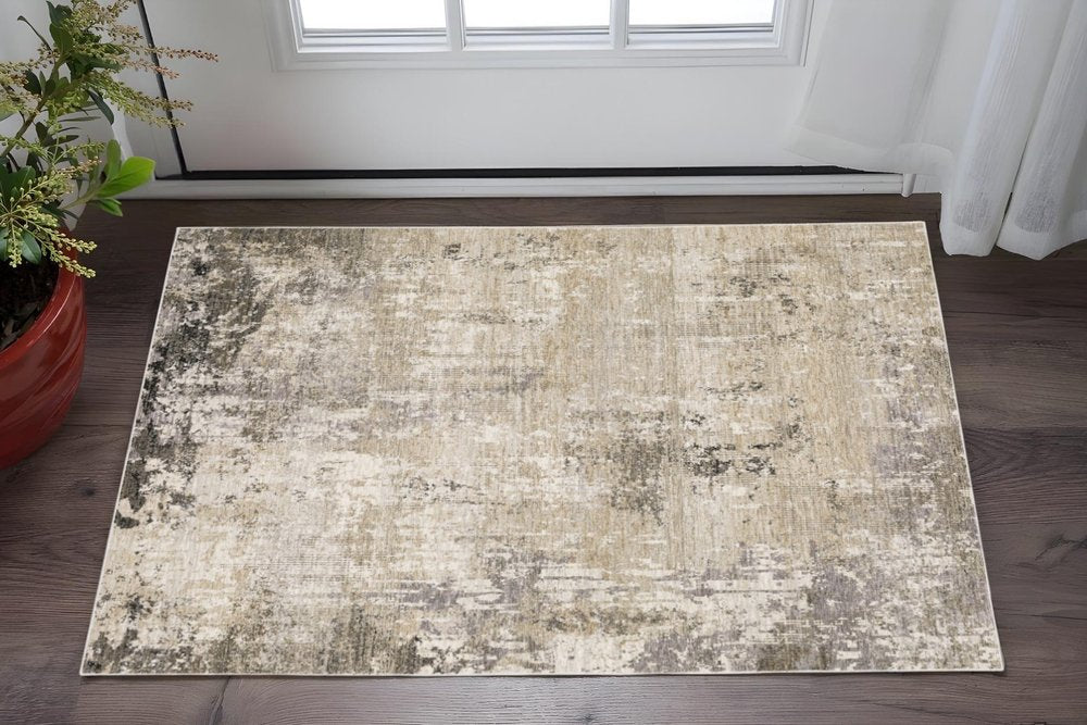2' X 8' Beige Grey Ivory Tan And Brown Abstract Power Loom Stain Resistant Runner Rug