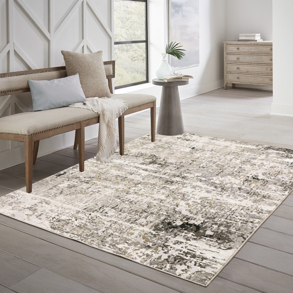 2' X 8' Beige Grey Ivory Tan And Brown Abstract Power Loom Stain Resistant Runner Rug