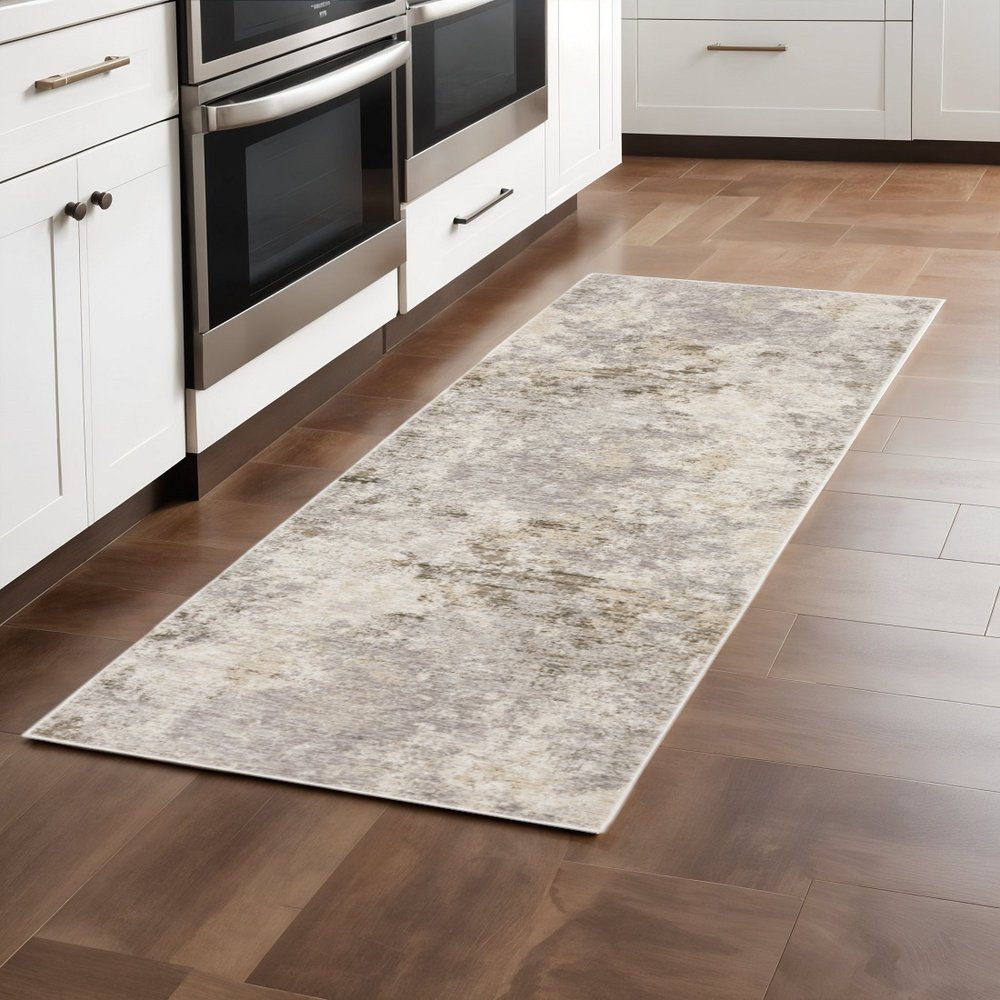 2' X 8' Beige Ivory Tan Grey And Brown Abstract Power Loom Stain Resistant Runner Rug