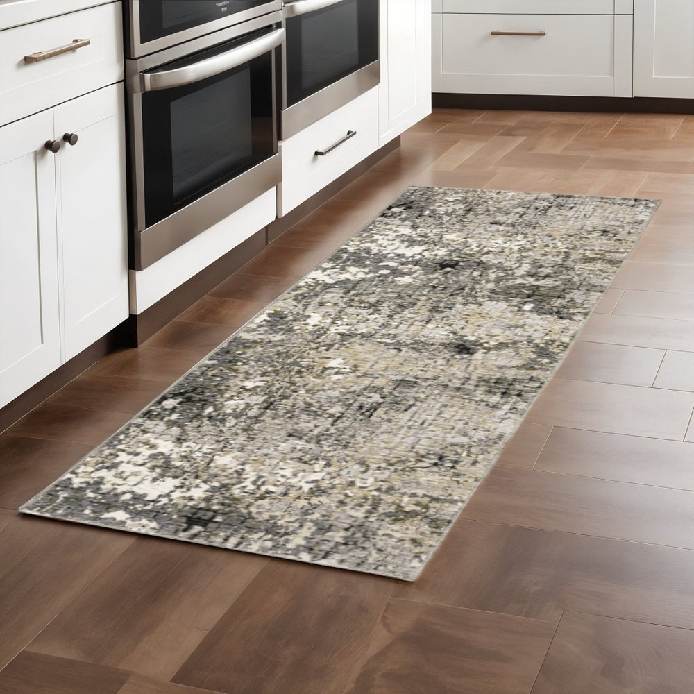2' X 8' Grey Ivory Beige Charcoal Black Tan And Brown Abstract Power Loom Stain Resistant Runner Rug