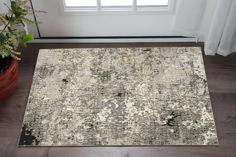2' X 8' Grey Ivory Beige Charcoal Black Tan And Brown Abstract Power Loom Stain Resistant Runner Rug