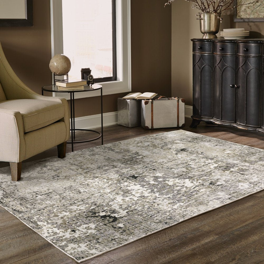2' X 8' Grey Ivory Beige Charcoal Black Tan And Brown Abstract Power Loom Stain Resistant Runner Rug