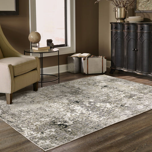 2' X 8' Grey Ivory Beige Charcoal Black Tan And Brown Abstract Power Loom Stain Resistant Runner Rug