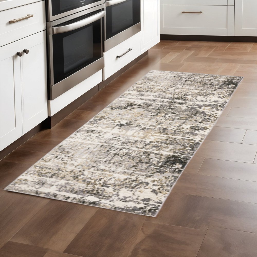 2' X 8' Grey Ivory Beige Charcoal Black Tan And Brown Abstract Power Loom Stain Resistant Runner Rug