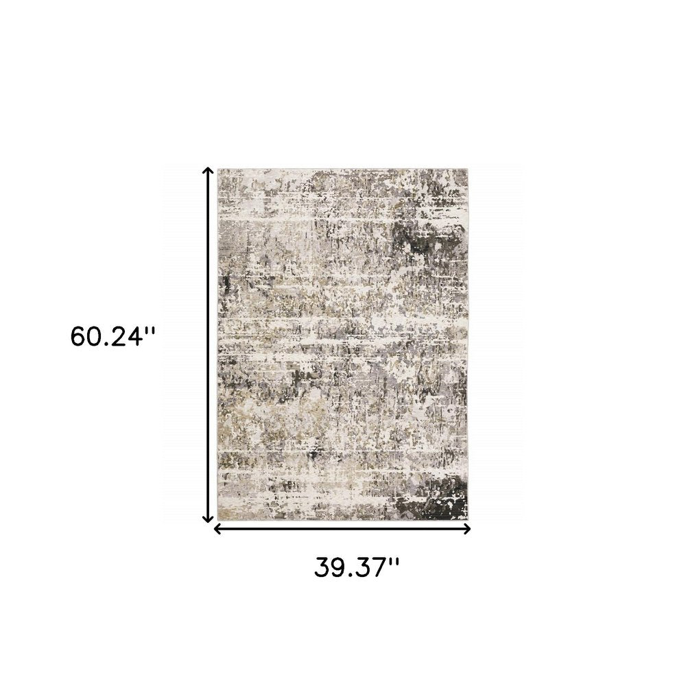2' X 8' Grey Ivory Beige Charcoal Black Tan And Brown Abstract Power Loom Stain Resistant Runner Rug