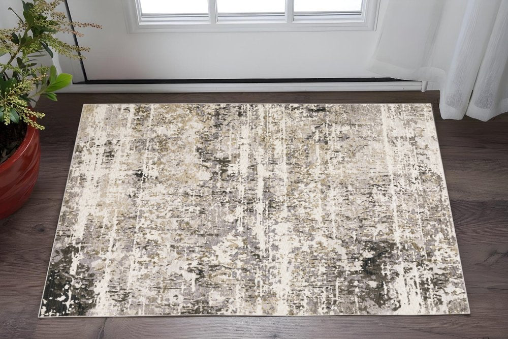 2' X 8' Grey Ivory Beige Charcoal Black Tan And Brown Abstract Power Loom Stain Resistant Runner Rug