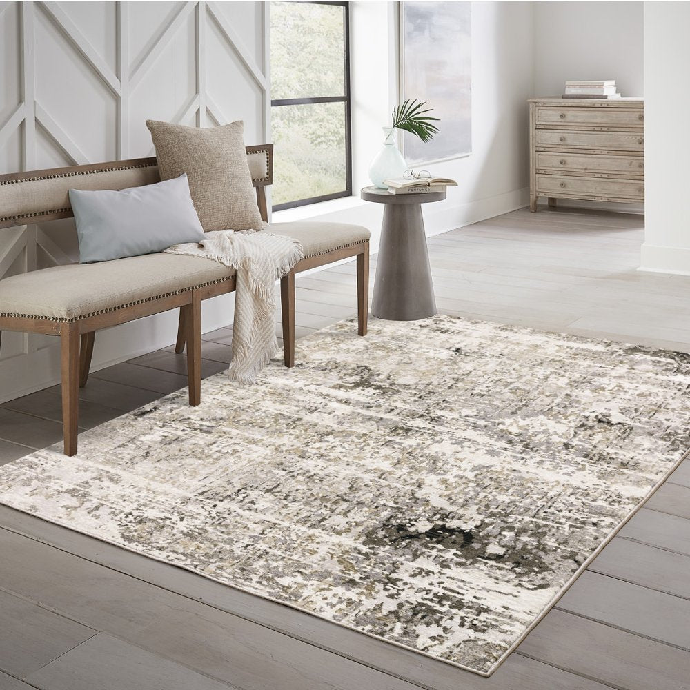2' X 8' Grey Ivory Beige Charcoal Black Tan And Brown Abstract Power Loom Stain Resistant Runner Rug