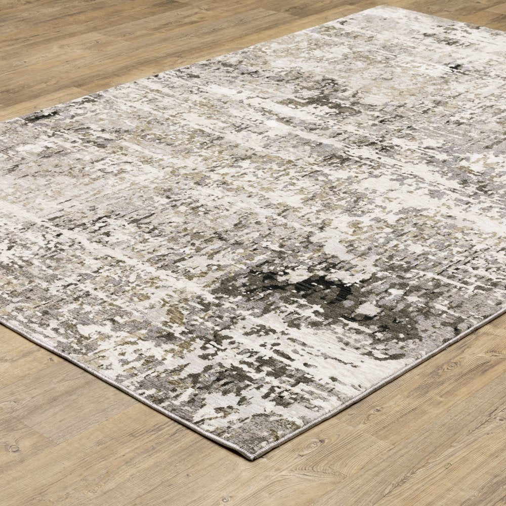 2' X 8' Grey Ivory Beige Charcoal Black Tan And Brown Abstract Power Loom Stain Resistant Runner Rug