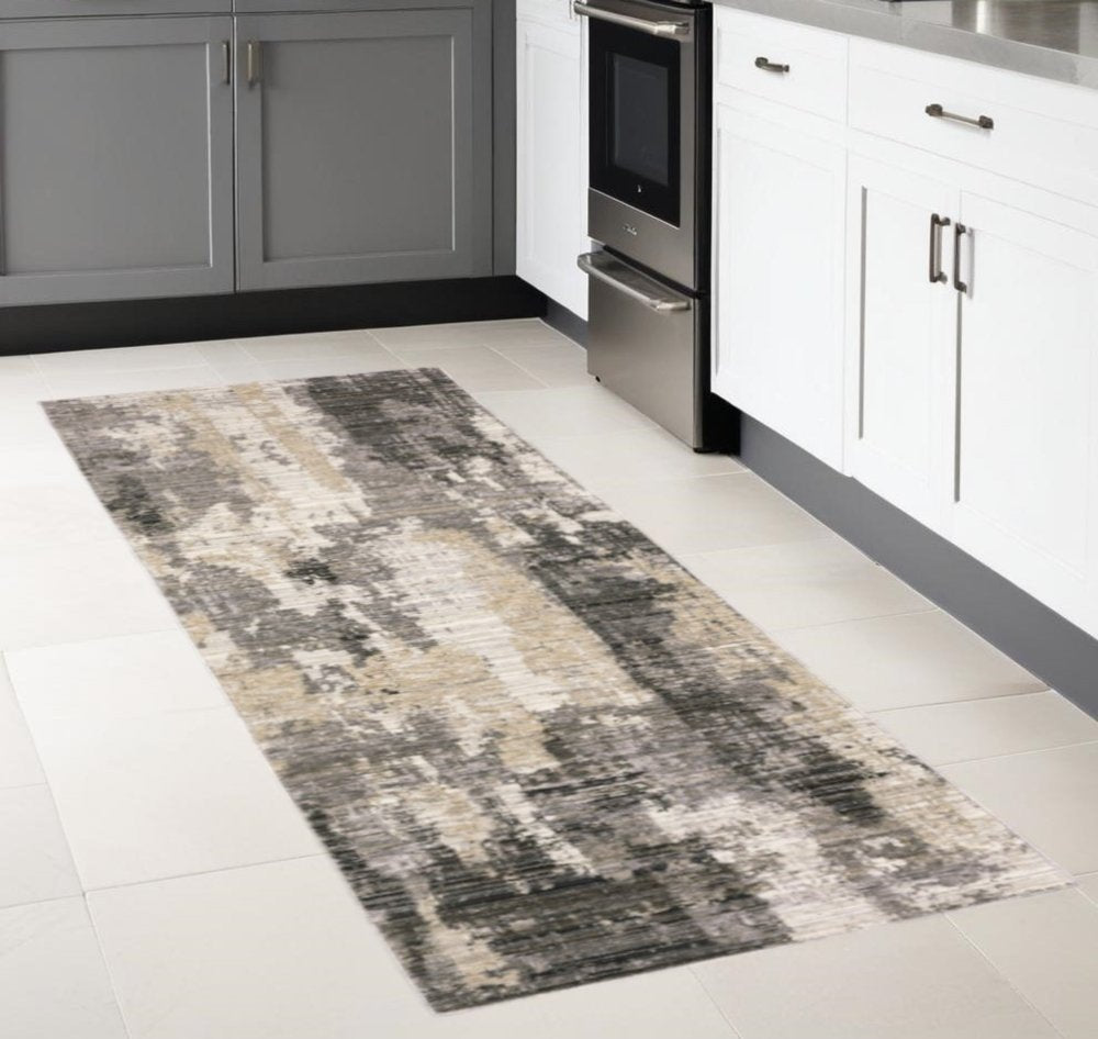 6' X 9' Grey Beige Charcoal Brown Tan And Ivory Abstract Power Loom Stain Resistant Area Rug