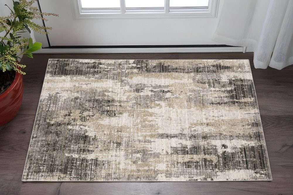 6' X 9' Grey Beige Charcoal Brown Tan And Ivory Abstract Power Loom Stain Resistant Area Rug