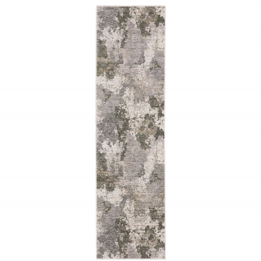 2' X 8' Grey Ivory Beige Tan Brown And Black Abstract Power Loom Stain Resistant Runner Rug
