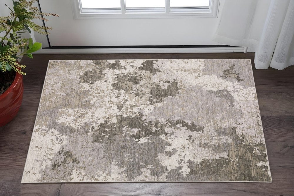 2' X 8' Grey Ivory Beige Tan Brown And Black Abstract Power Loom Stain Resistant Runner Rug