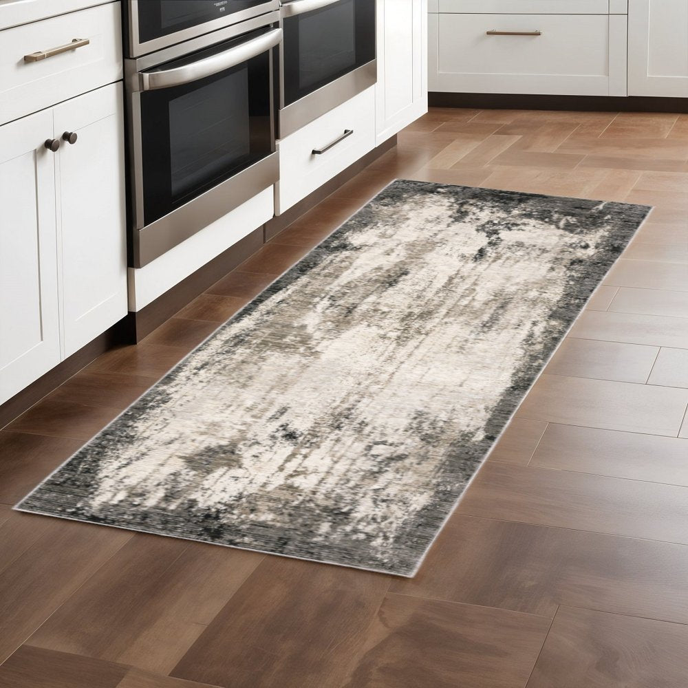 2' X 8' Grey Ivory Charcoal Tan Black And Beige Abstract Power Loom Stain Resistant Runner Rug