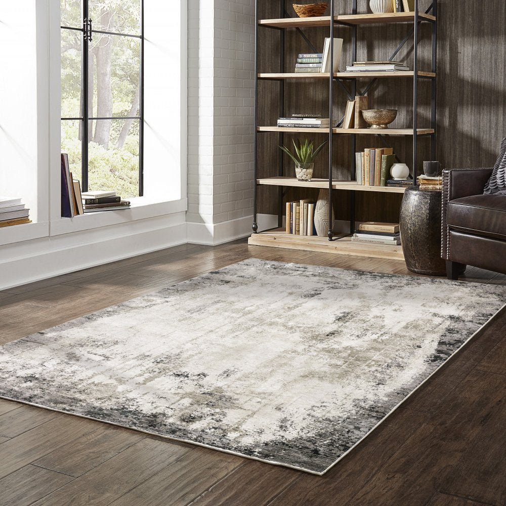 2' X 8' Grey Ivory Charcoal Tan Black And Beige Abstract Power Loom Stain Resistant Runner Rug