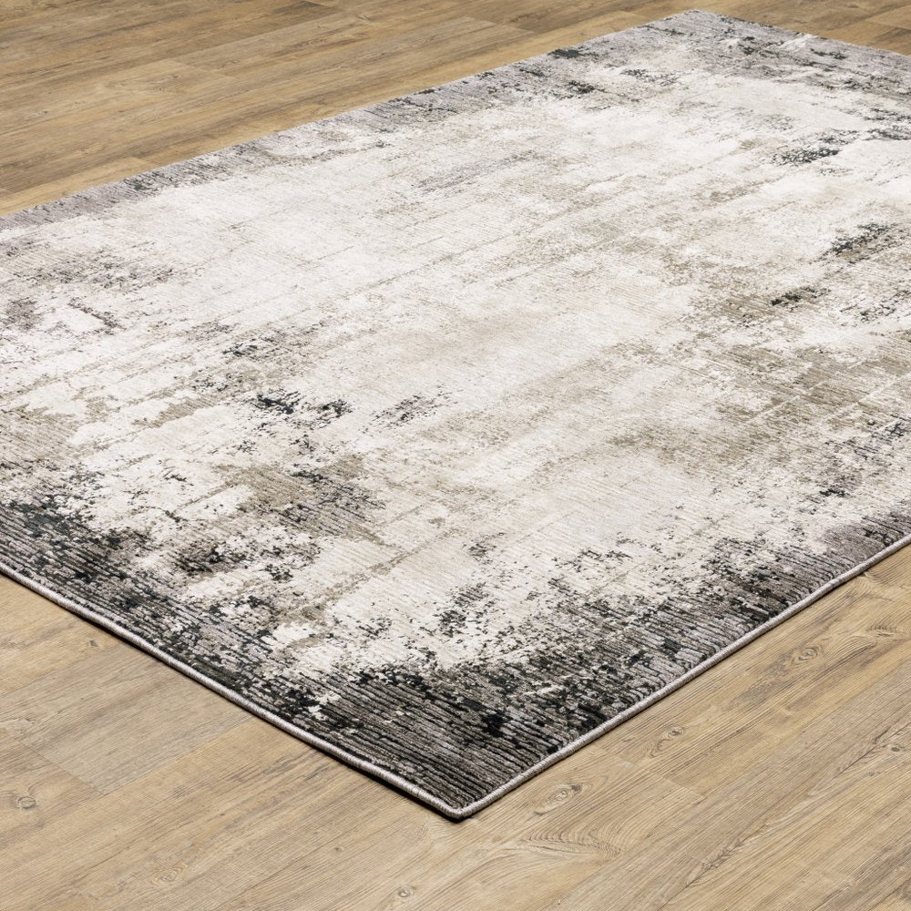 2' X 8' Grey Ivory Charcoal Tan Black And Beige Abstract Power Loom Stain Resistant Runner Rug