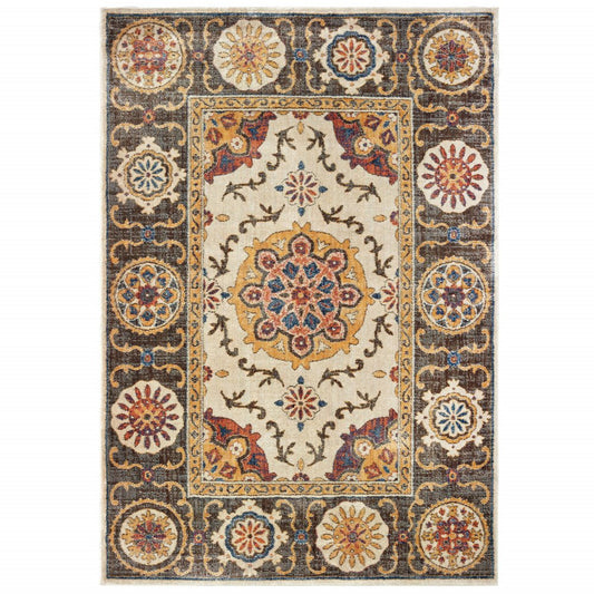 10' X 13' Ivory And Brown Oriental Power Loom Stain Resistant Area Rug